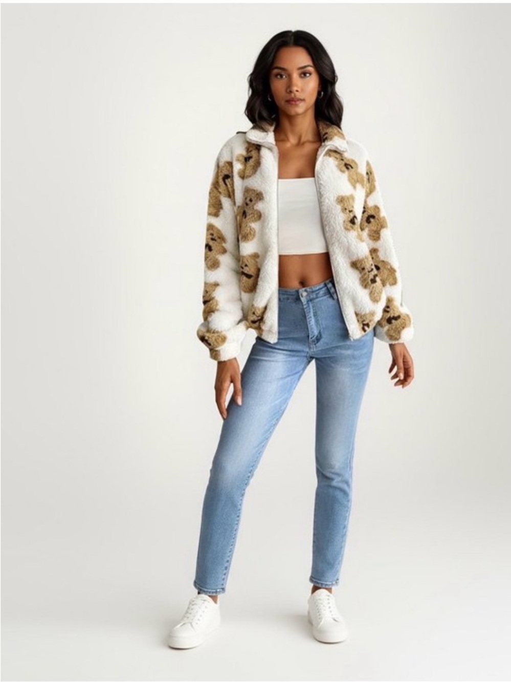 KYOYO Teddy Print Sherpa Full-Zip Jacket - White & Brown Large